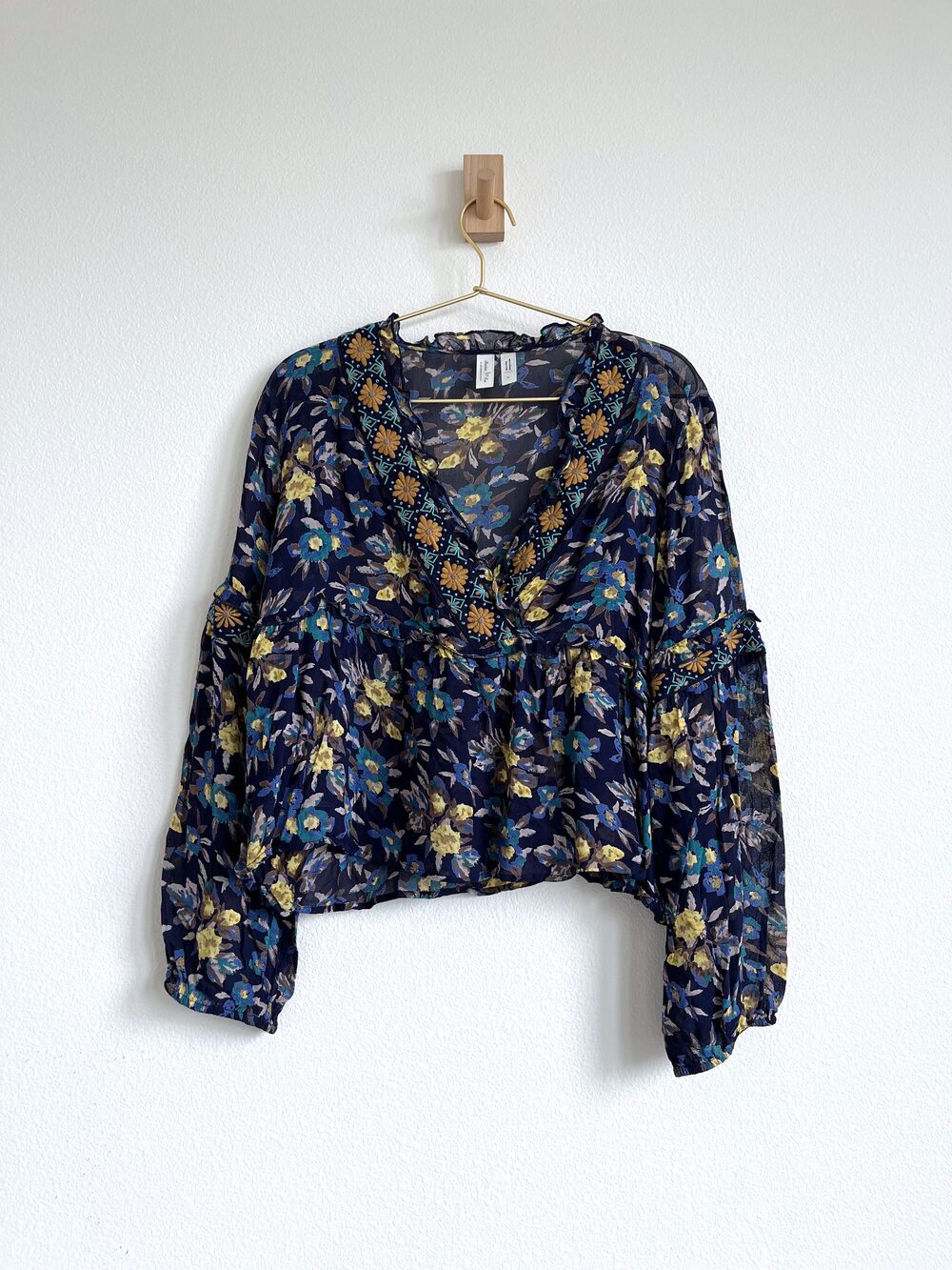 Anthropologie Meadow Rue Boho Floral Embroidered Sheer Blouse - Size M